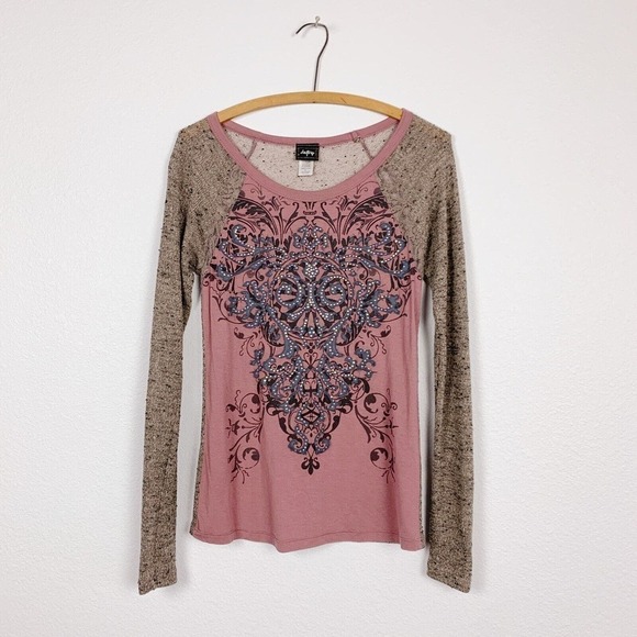 Daytrip Open Weave Raglan Sleeve Rhinestone Lace Inset Tee Shirt Small - Picture 1 of 7